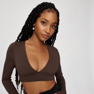 Chocolate Brown Garage Scarlett Seamless Deep Plunge Long Sleeve Tee